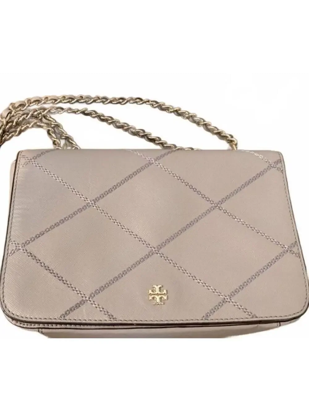 Tory Burch Beige Quilted Leather Crossbody Bag w/ Gold-Tone